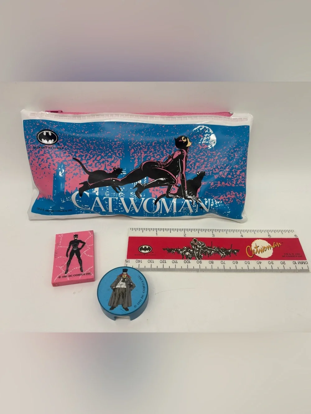 Vintage Catwoman Batman Returns Pencil Bag & Ruler Set 1991 Stationary Like New